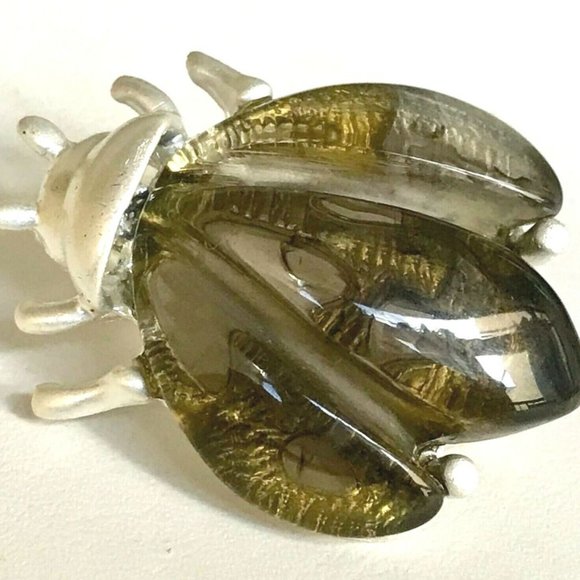 Vintage Beetle Pin Brooch Silver Tone Ladybug Bug Insect Simulated Amber - Picture 2 of 7